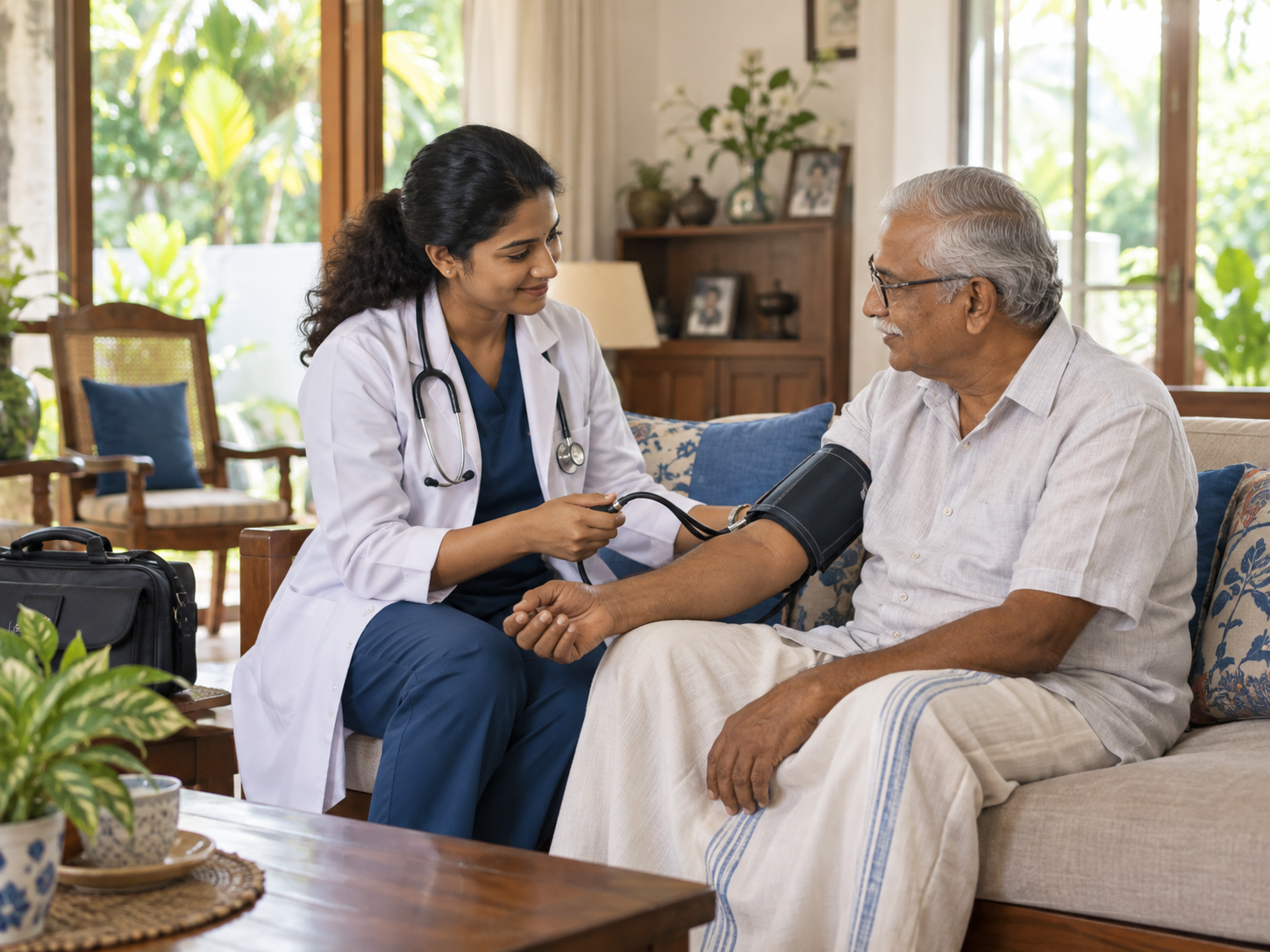 A doctor checking an older patient during a home visit