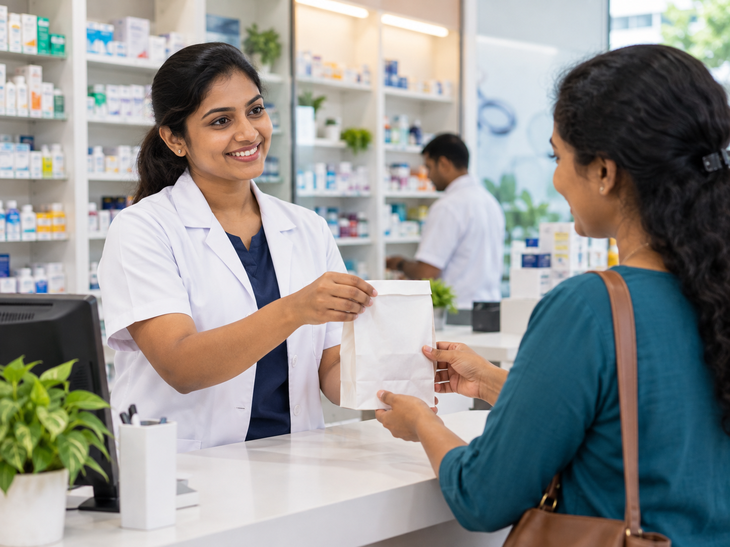 A pharmacist handing a medicine bag to a customer