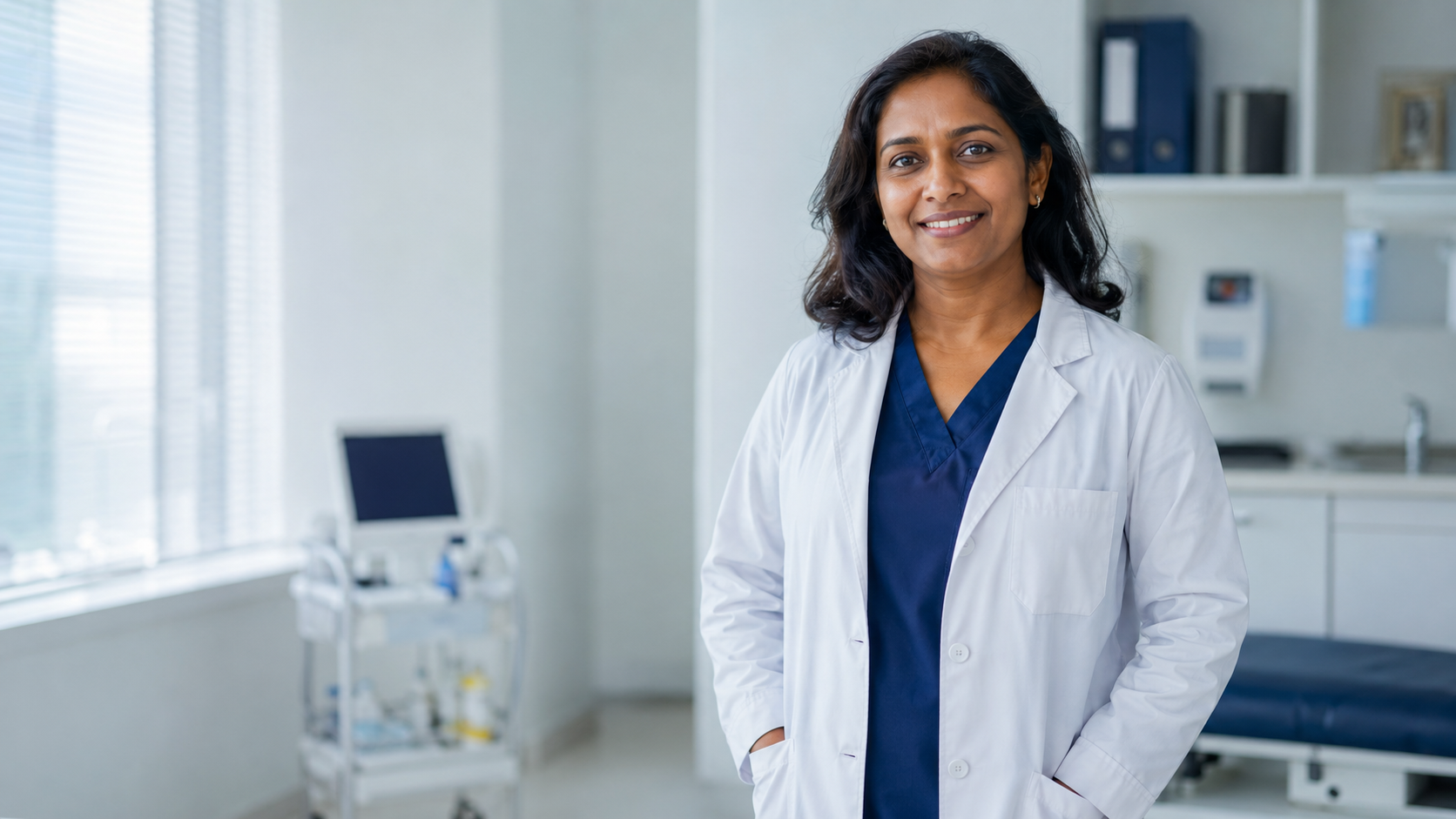 Smiling female patient using LankaMed app on laptop in modern setting
