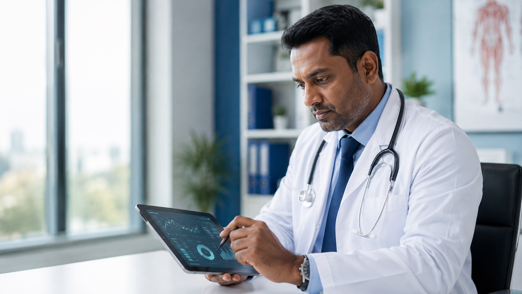 Doctor reviewing patient information on a tablet