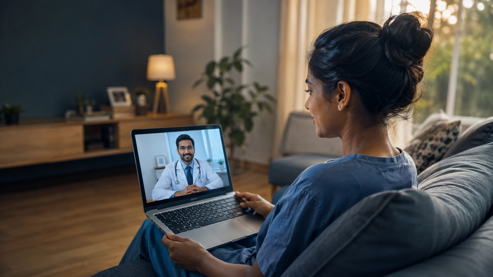 Patient having a video consultation with a doctor from home